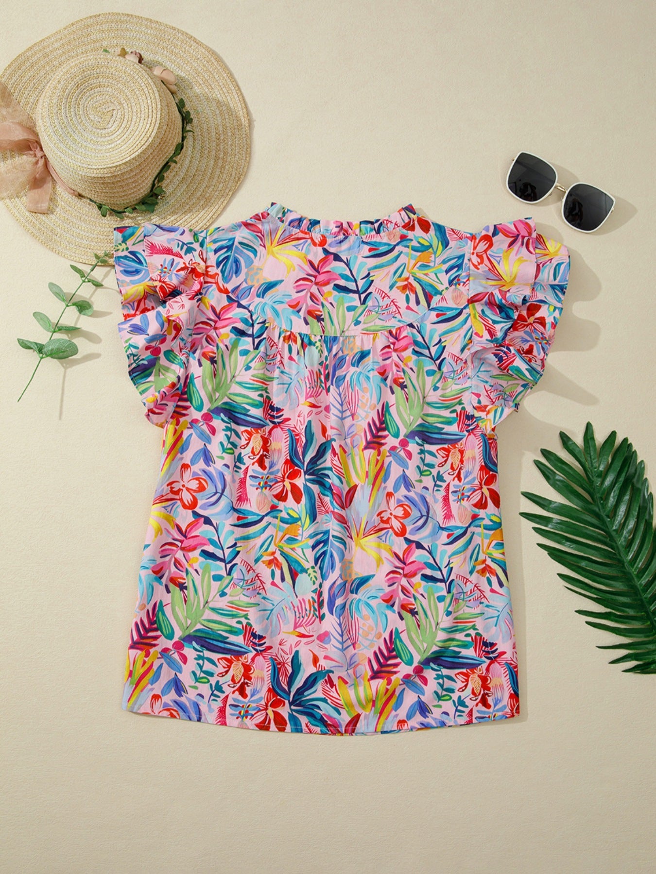 Tropical Floral Print Frilly Notched Neck Ruffled Short Sleeve Blouse