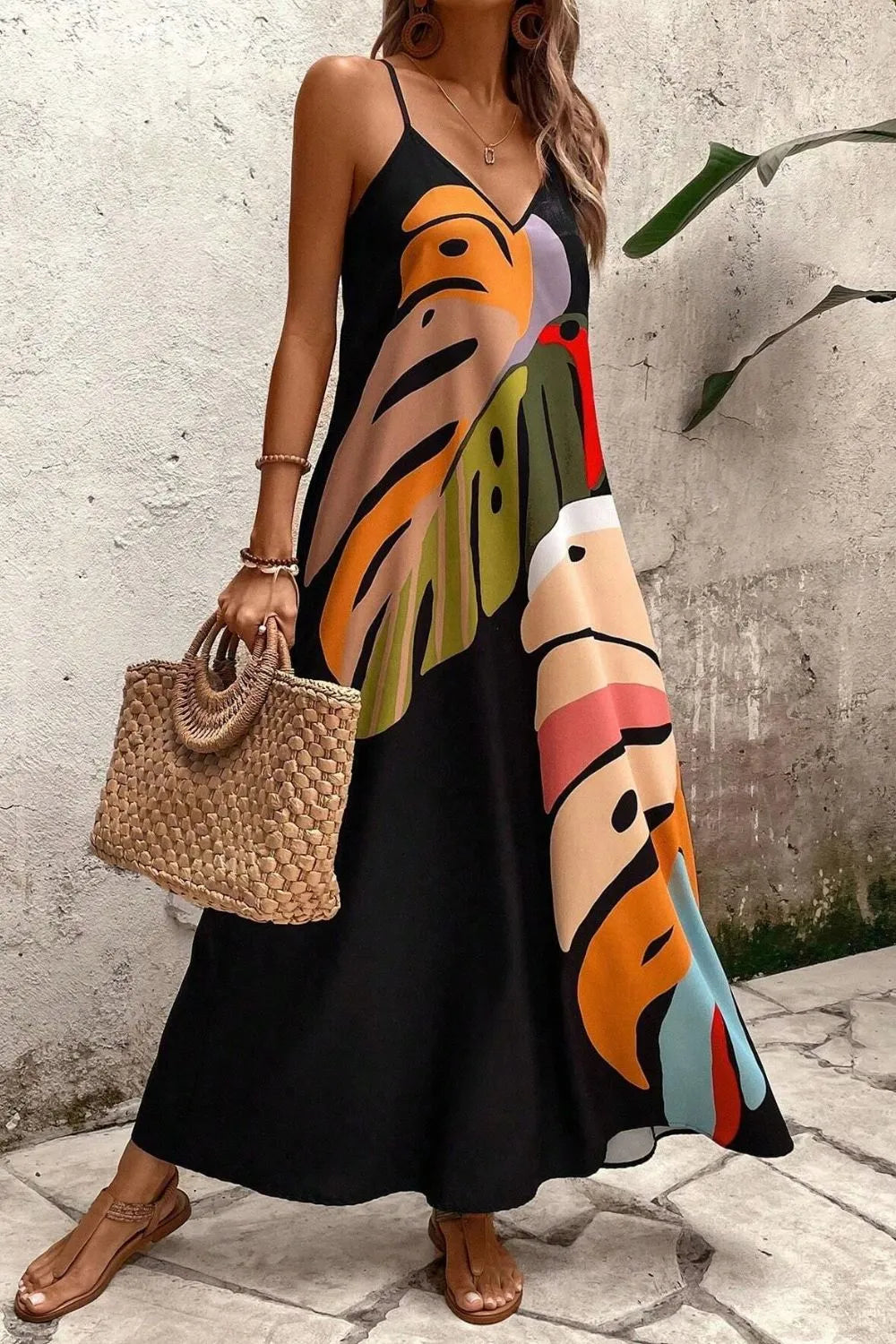 Tropical Leaf Print V-Neck Maxi Cami Dress