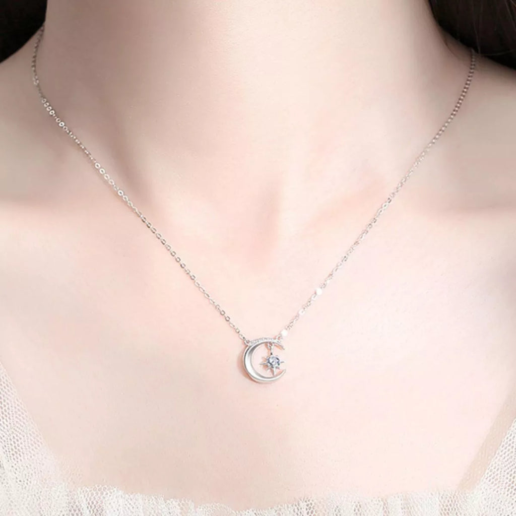 925 Sterling Silver Moissanite Star Moon Necklace