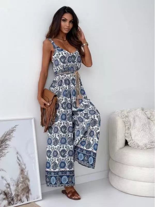 Printed Spaghetti Strap Wide-Leg Jumpsuit