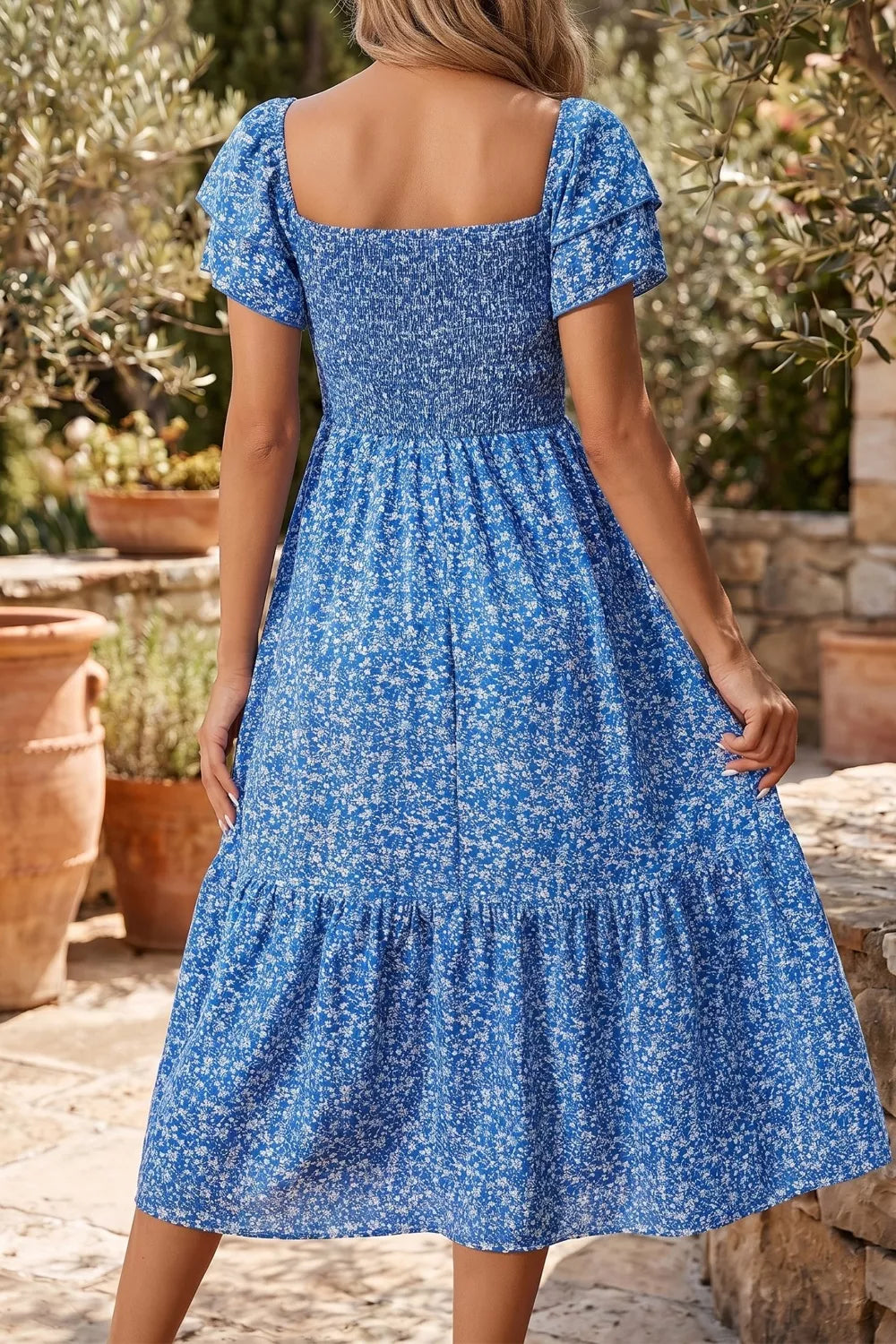 Ditsy Floral Print Smocked Square Neck Ruffle Short Sleeve Dress