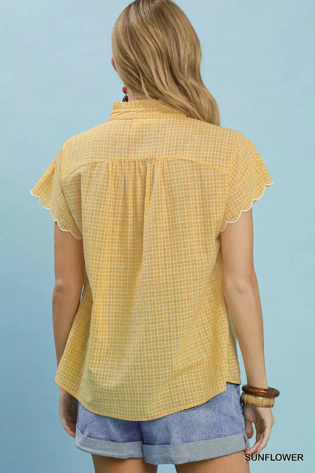 Umgee Embroidered Print Scallop Sleeve Button Front Blouse