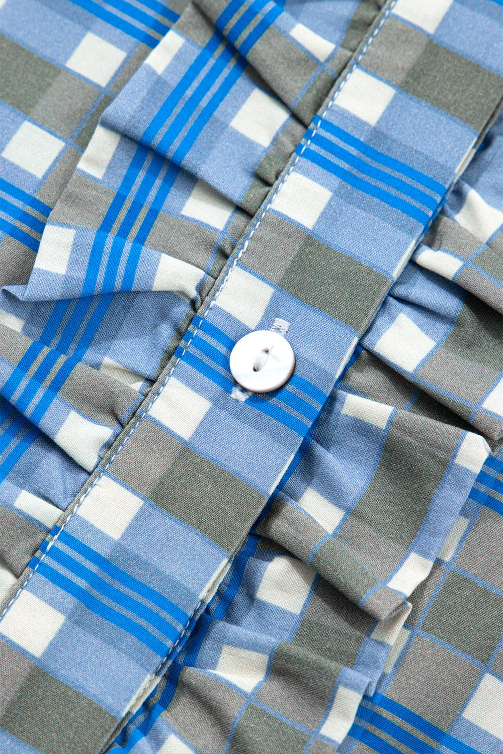 Plaid Long Sleeve Frilled Detail Half Button Blouse