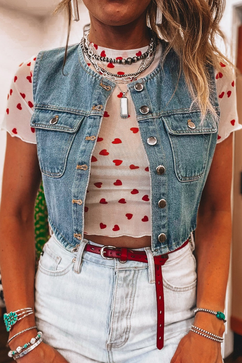 Sheer Heart Print Fitted Top