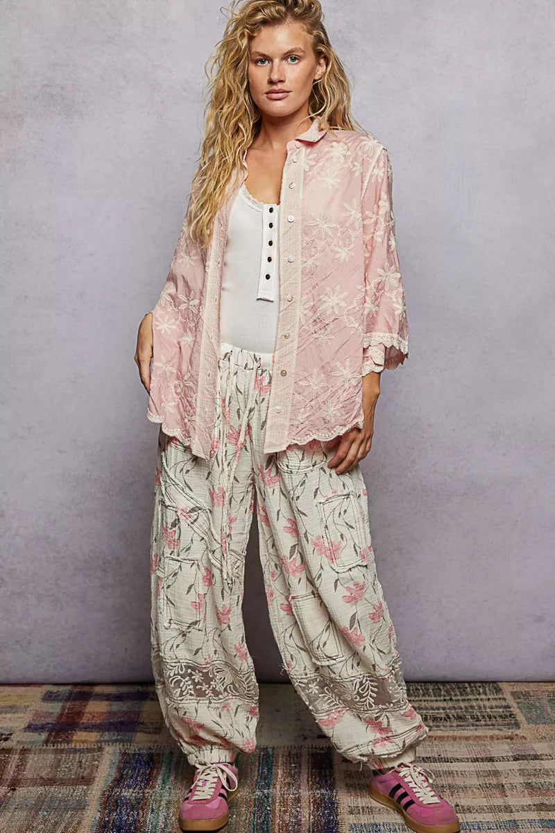 POL Embroidered Floral Collared Neck Shirt with Scalloped Edges
