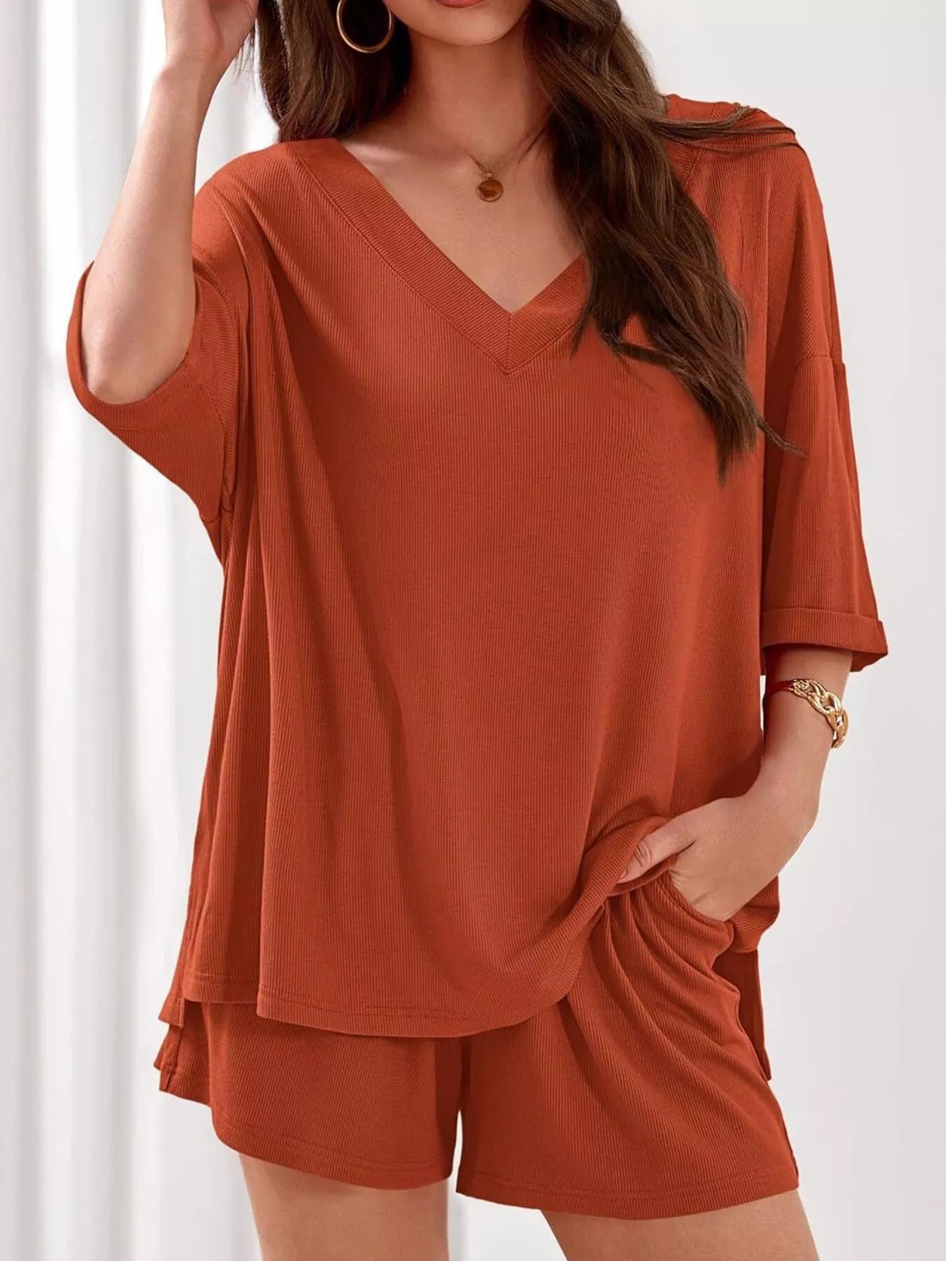 Casual Solid Color V-Neck Top & Shorts Set
