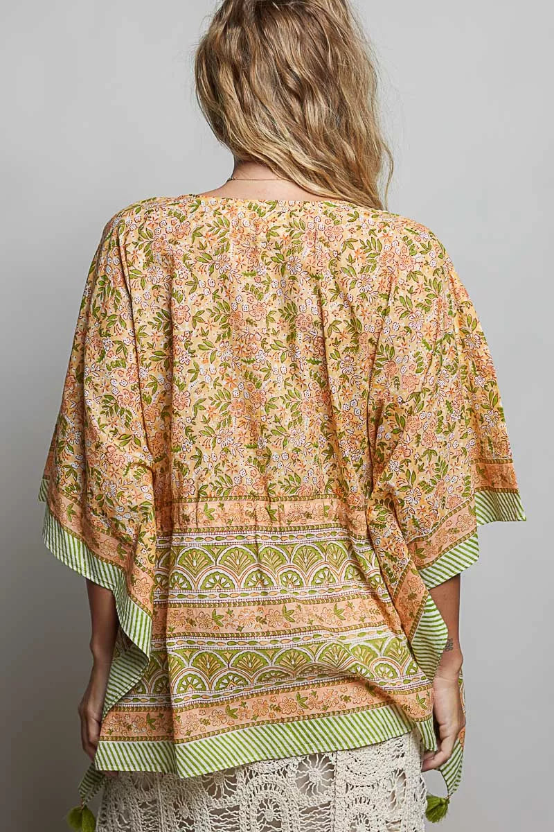 POL Block Print Floral Tie Front Boho Blouse