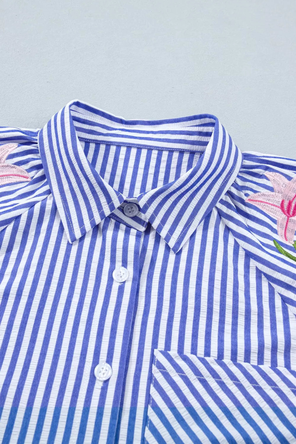 Striped Floral Embroidered Puff Sleeve Button Down Shirt