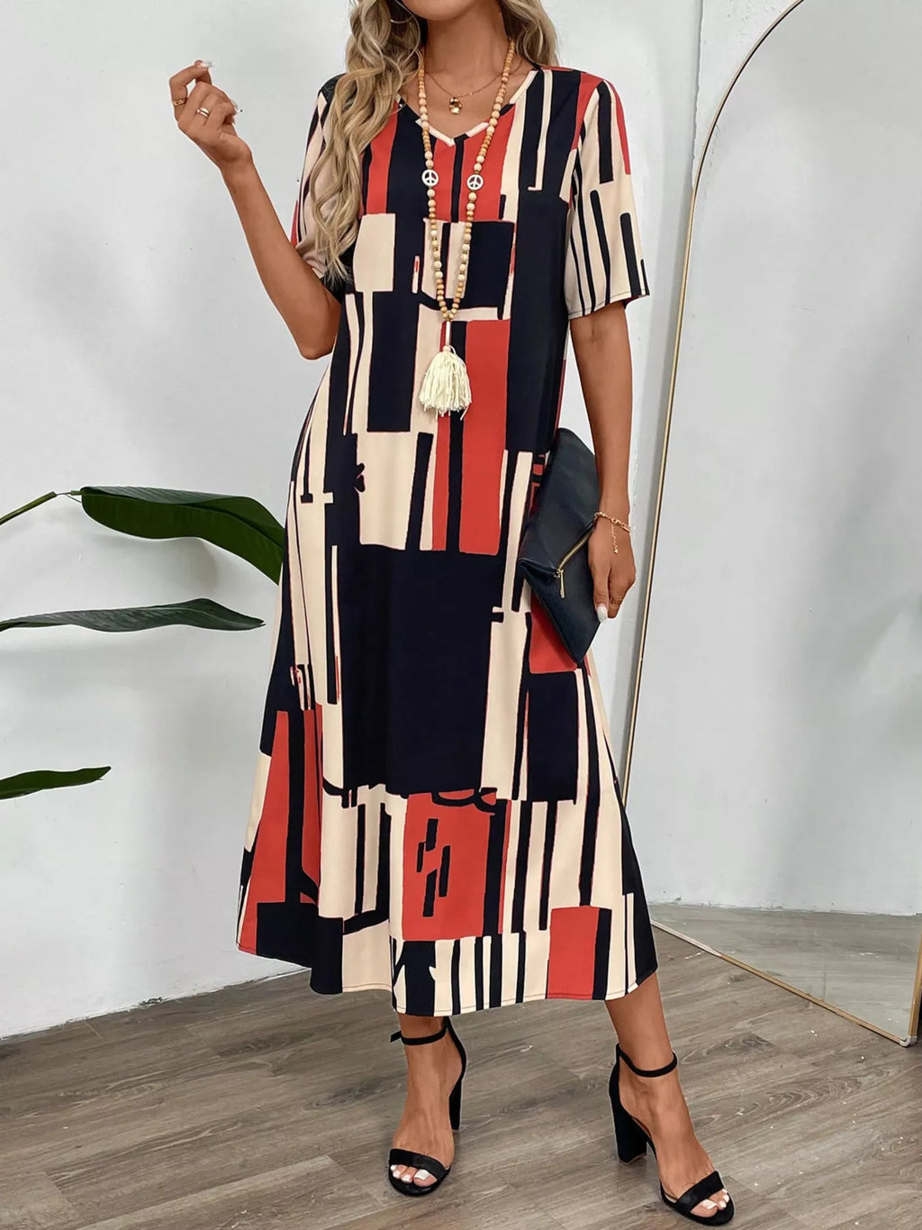 Abstract Geometric Print V-Neck Midi Dress