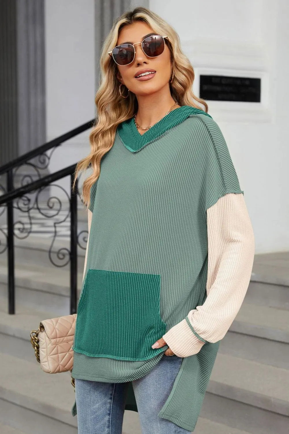 Contrast Hooded Long Sleeve Top