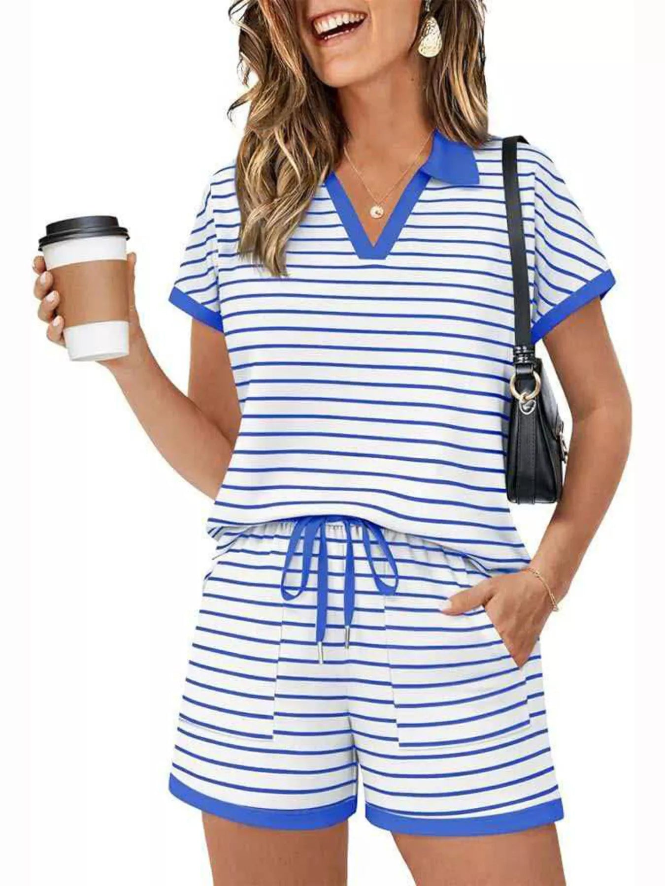 Striped Short Sleeve Polo and Shorts Set