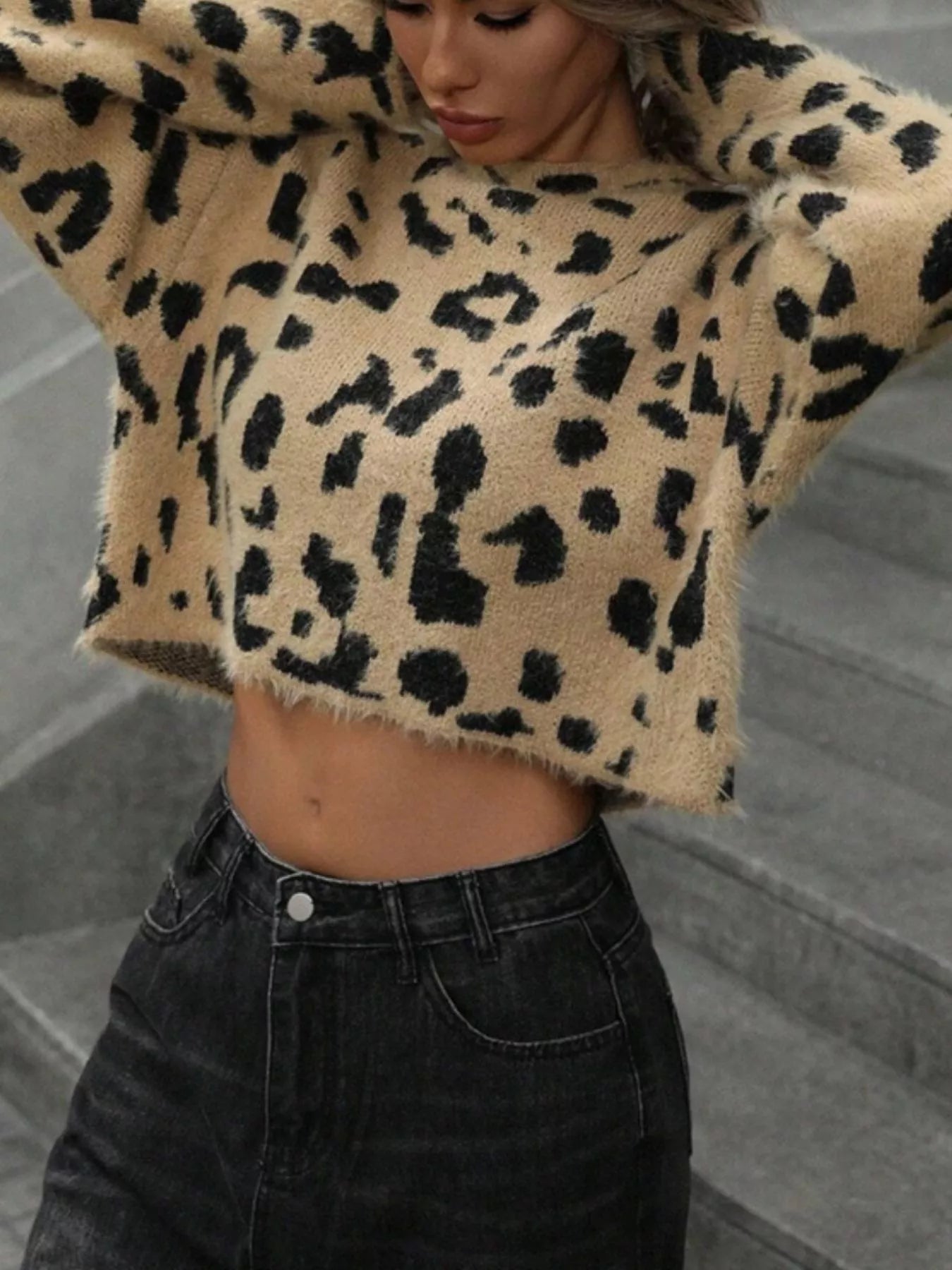 Leopard Fuzzy Knit Cropped Sweater