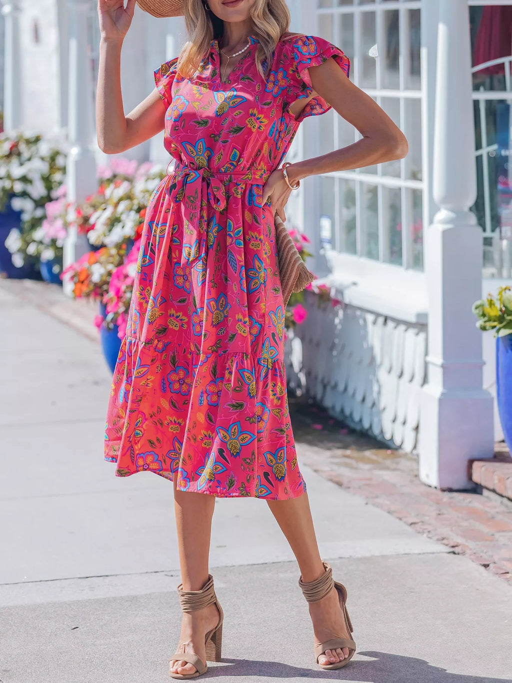 Flutter Sleeve Belted Floral Dress