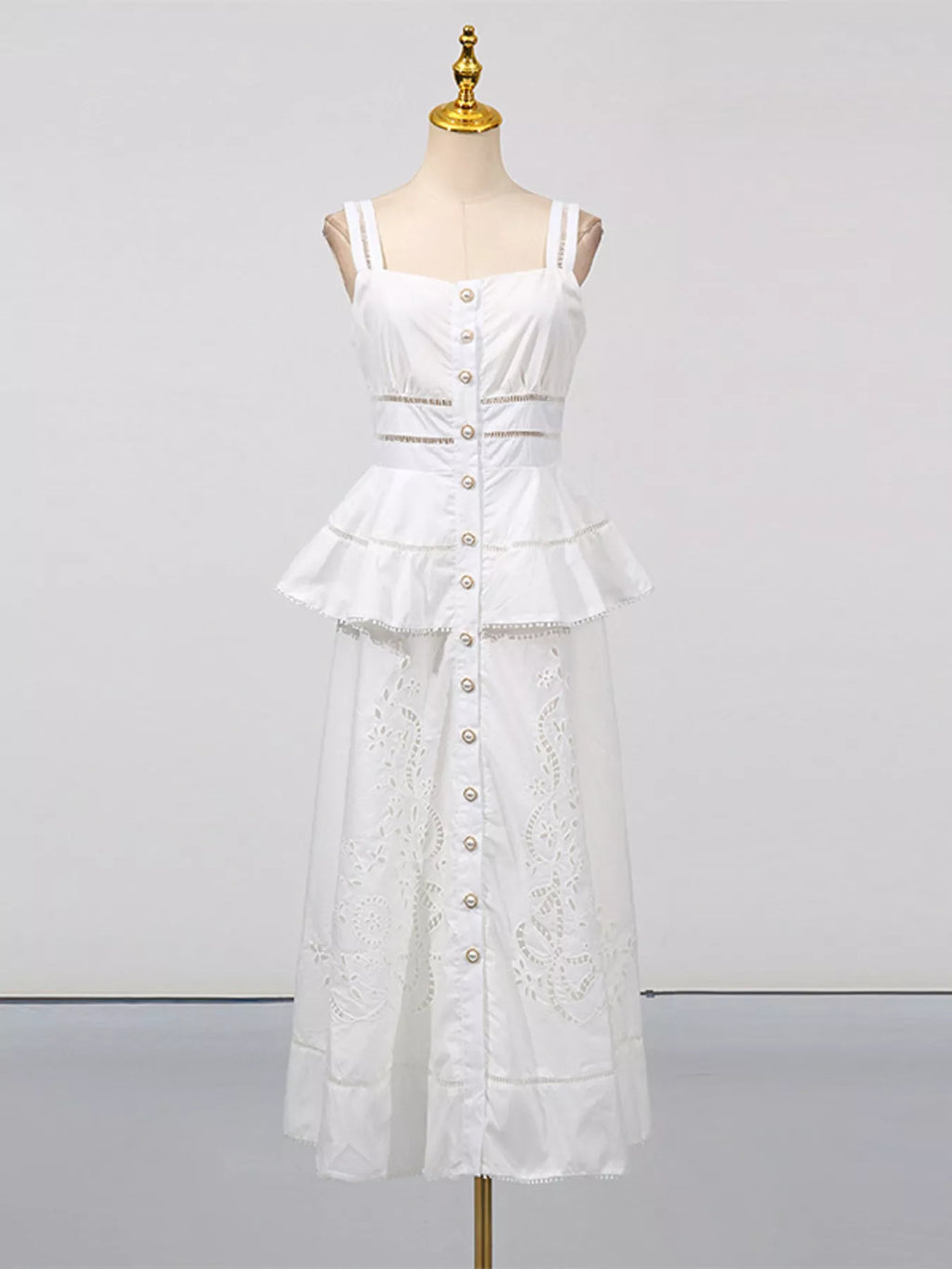 Sleeveless Eyelet Embroidered Button-Down Midi Dress