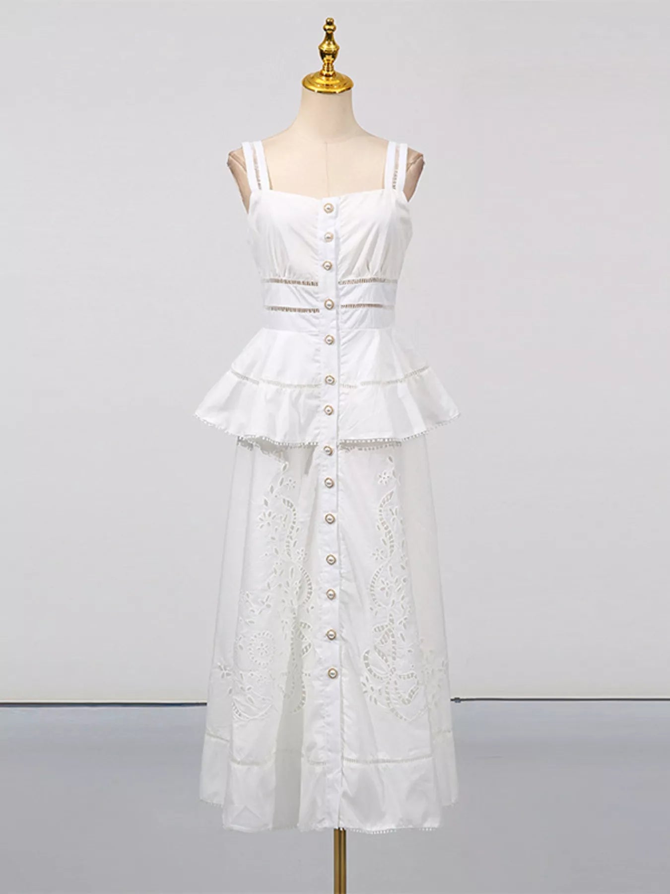Sleeveless Eyelet Embroidered Button-Down Midi Dress