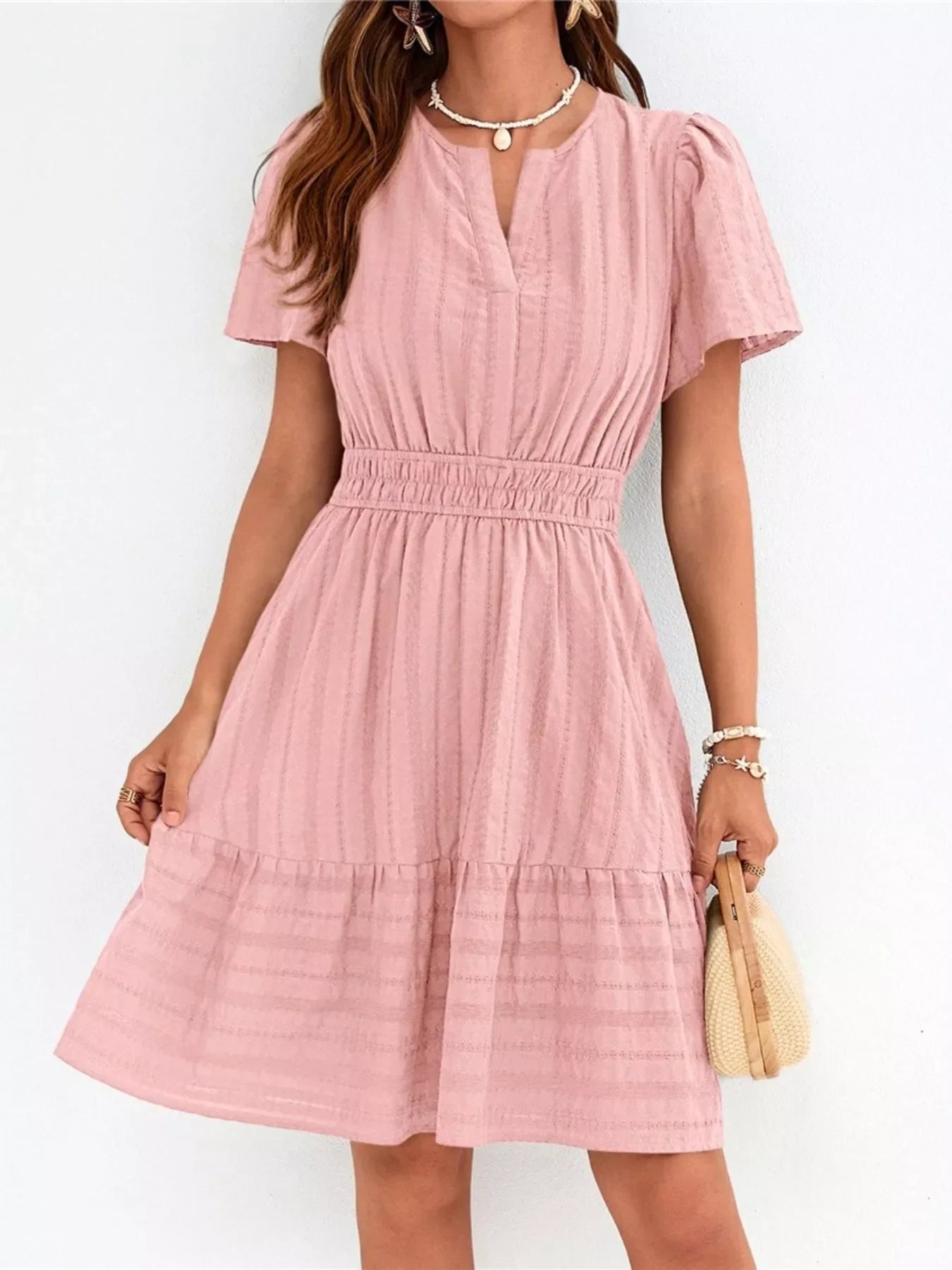 Short Sleeve Smocked Waist Tiered Dress