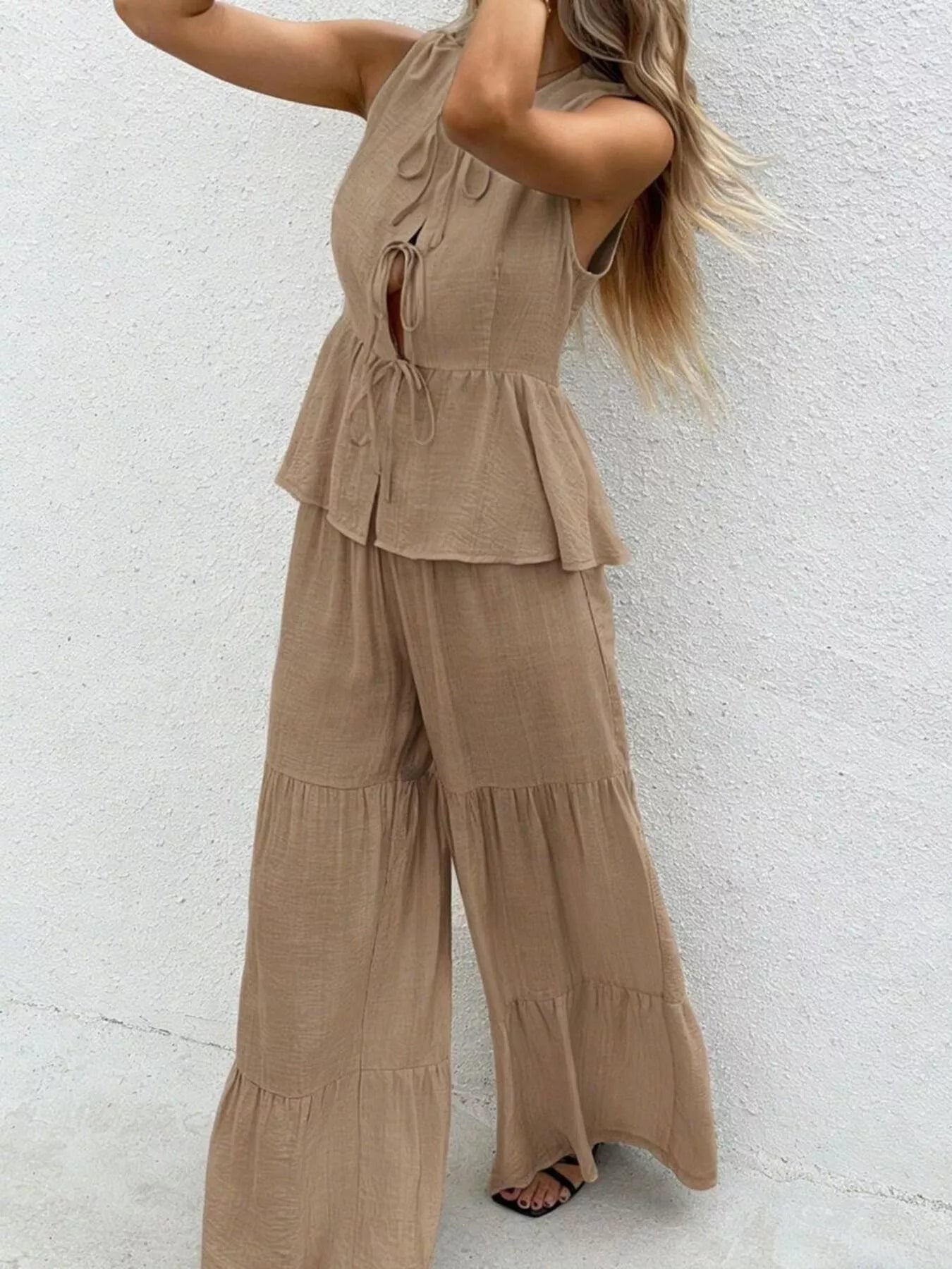 Sleeveless Tie-Front Top and Wide Leg Pants Set