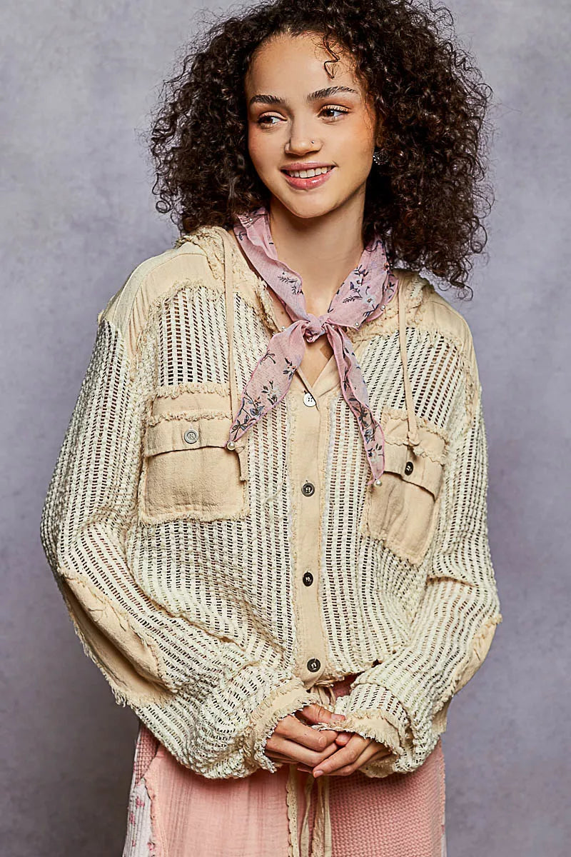POL Texture Woven Button Down Hooded Shirt with Drawstring Hem