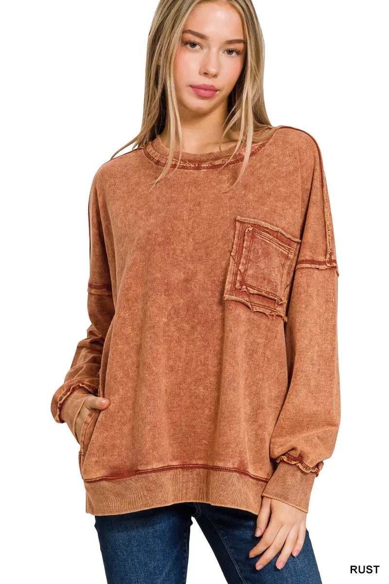 Zenana Acid Wash Raw Edge French Terry Sweatshirt with Front Pocket