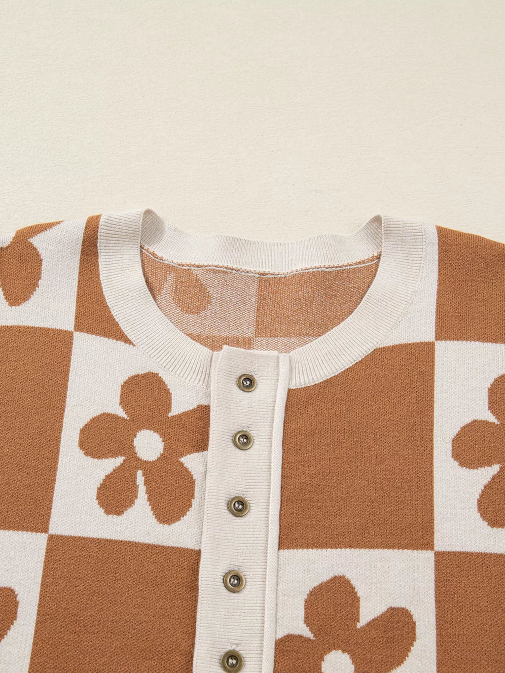 Flower Plaid Henley Baggy Sweater