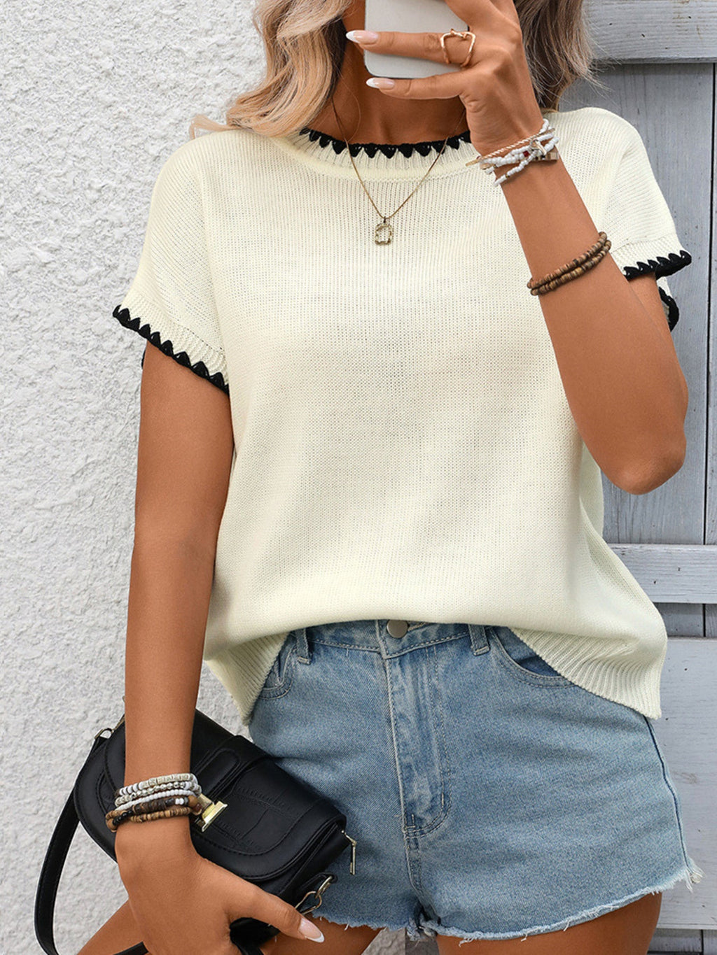 Contrast Trim Short Sleeve Sweater