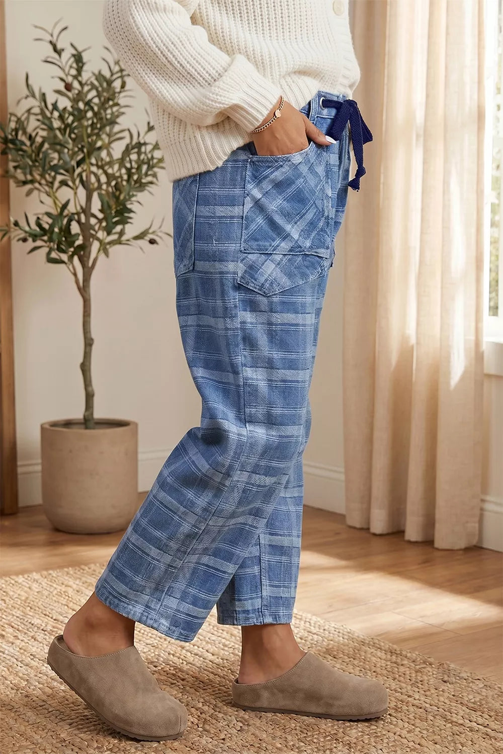 Plaid Denim Grommet Drawstring Waist Ankle-Length Jeans