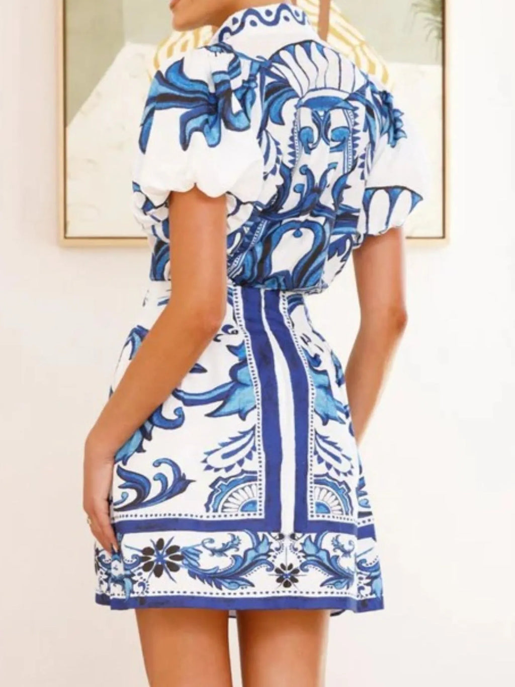Puff Sleeve Printed Top and Zip Back Skirt Set