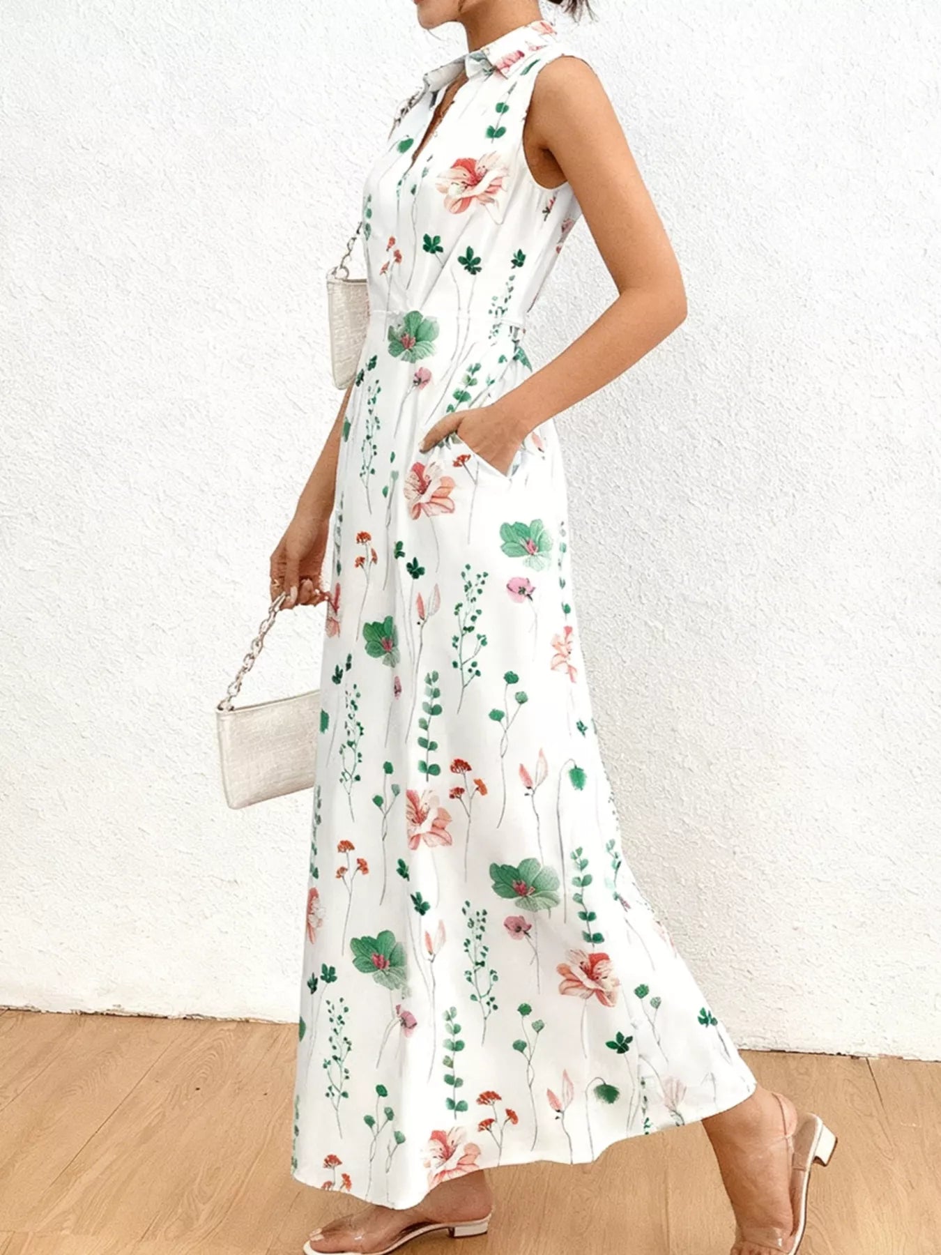 Floral Print Sleeveless Maxi Shirt Dress