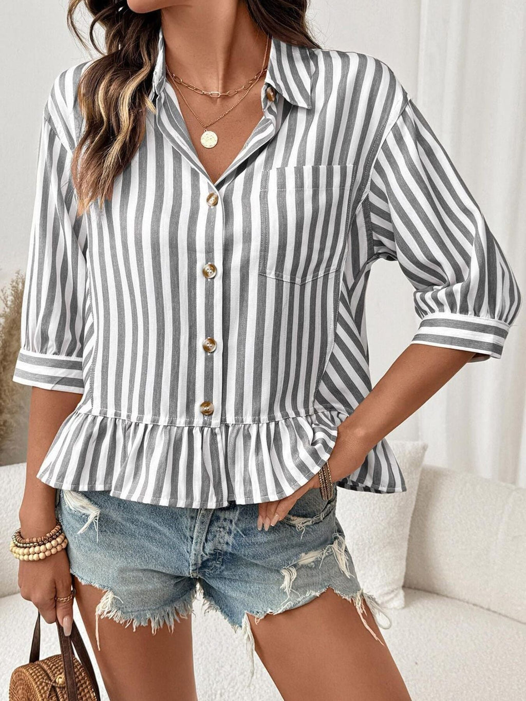 Striped Ruffle Hem Button-Down Shirt