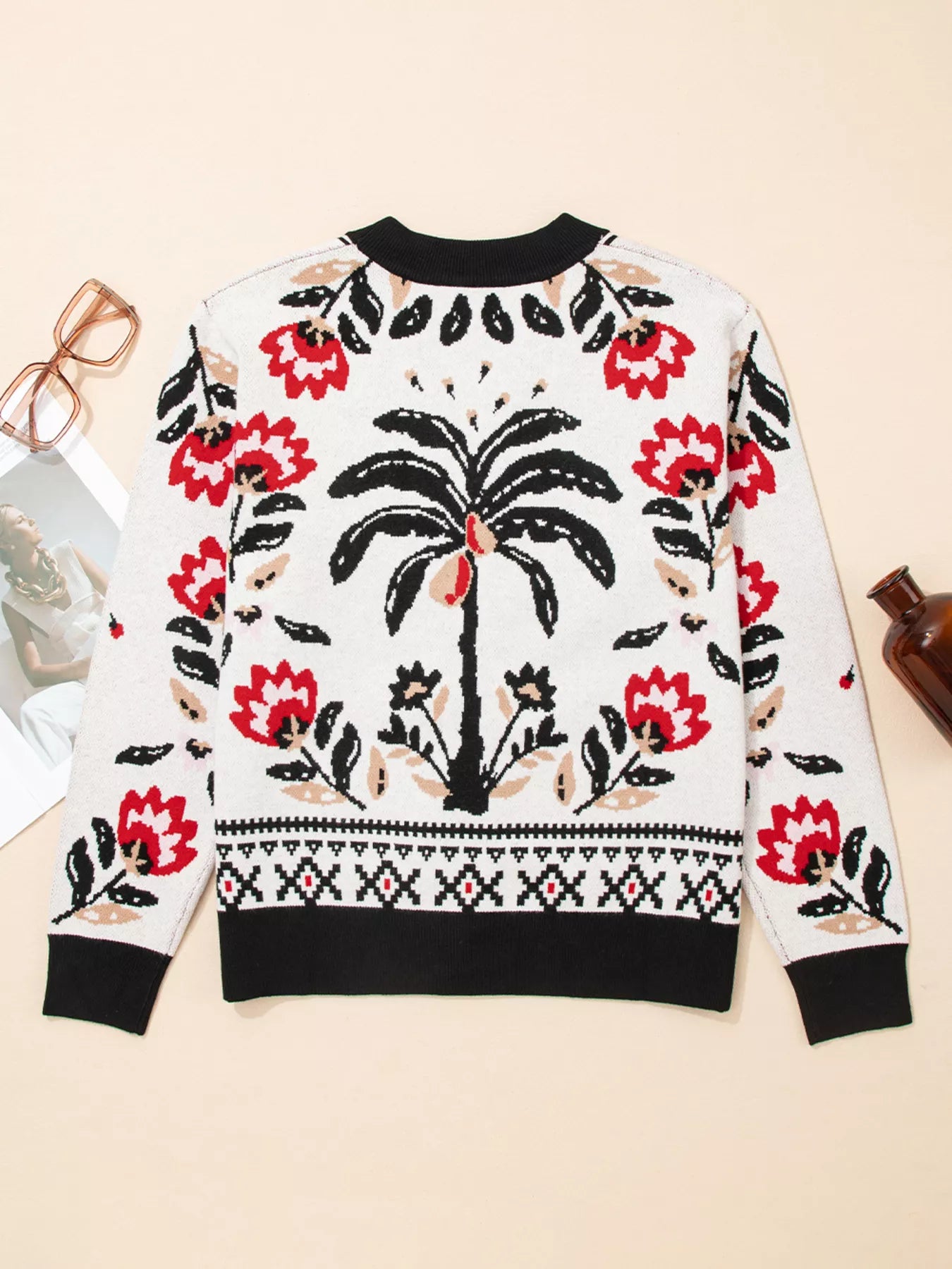 Floral Button Down Cardigan with Geometric Border