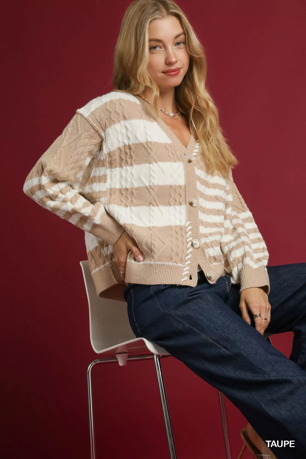 Umgee Cable-Knit Stripe Button-Up Cardigan