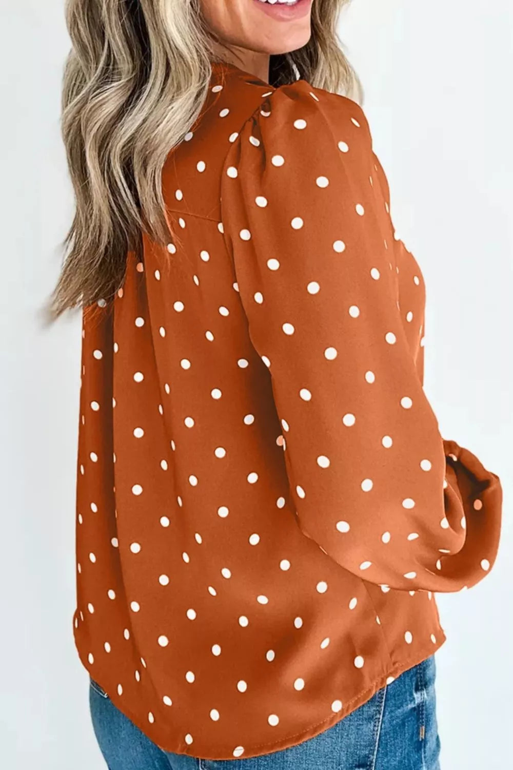 Polka Dot Half Button V Neck Long Sleeve Blouse