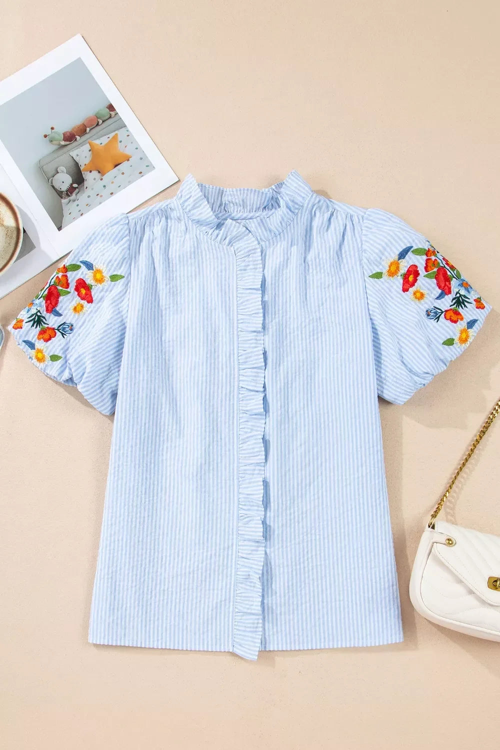 Stripe Floral Embroidered Puff Sleeve Ruffle Trim Shirt