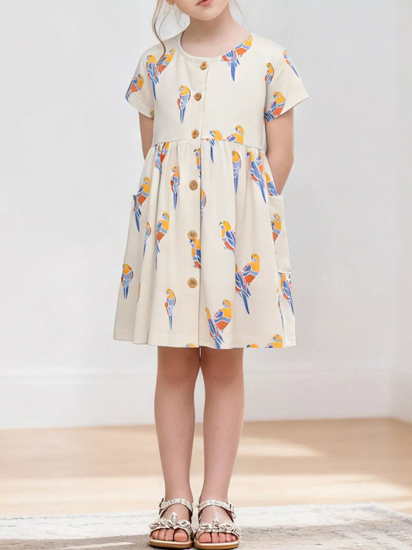 Children's Printed Parrot Button-Front Casual Dress