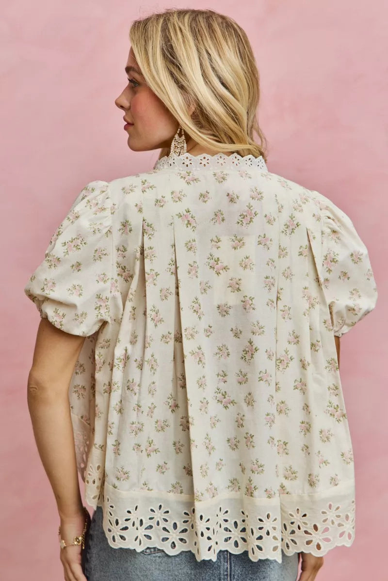 SO ME Floral Print Lace Trim Short Sleeves Blouse