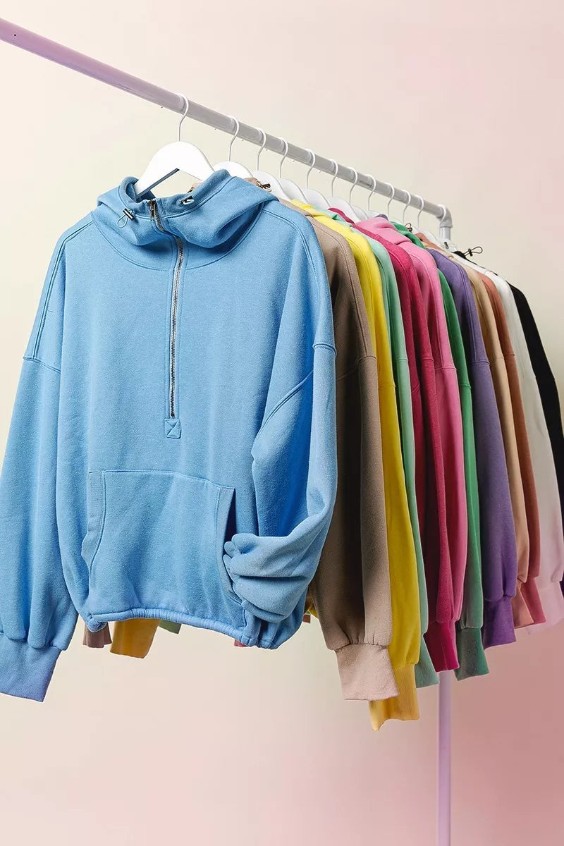 BiBi Stitch Detailed Elastic Hem Half Zip Fleece Hoodie
