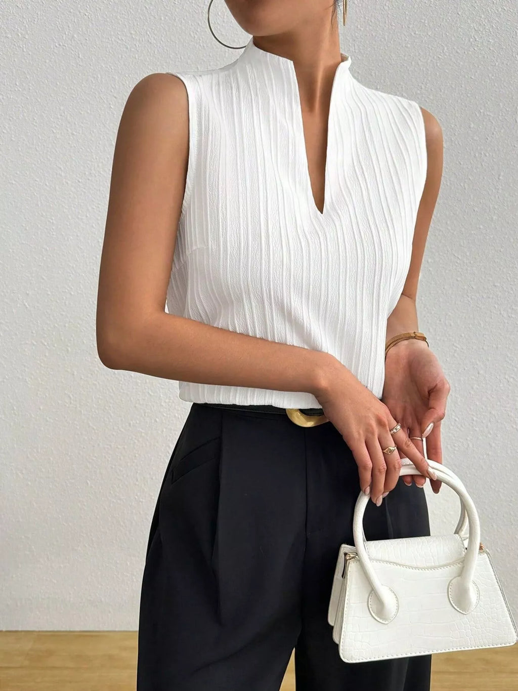 Texture Notched Sleeveless Top