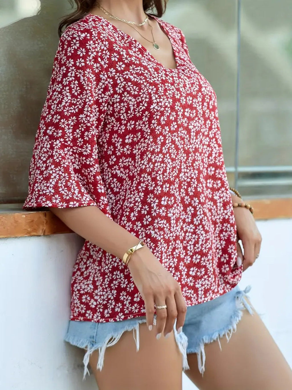Floral Print V-Neck Bell Sleeve Blouse