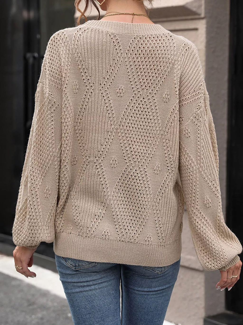Openwork Dropped Shoulder Sweater