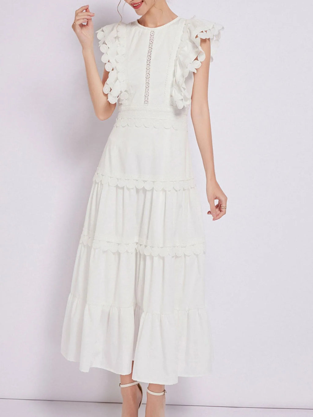 Sleeveless Ruffled Tiered Dress with Embroidered Trim