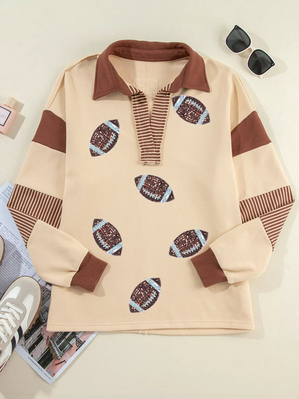 Color Block Striped Patchwork Sequin Rugby Graphic Polo Sweatshirt