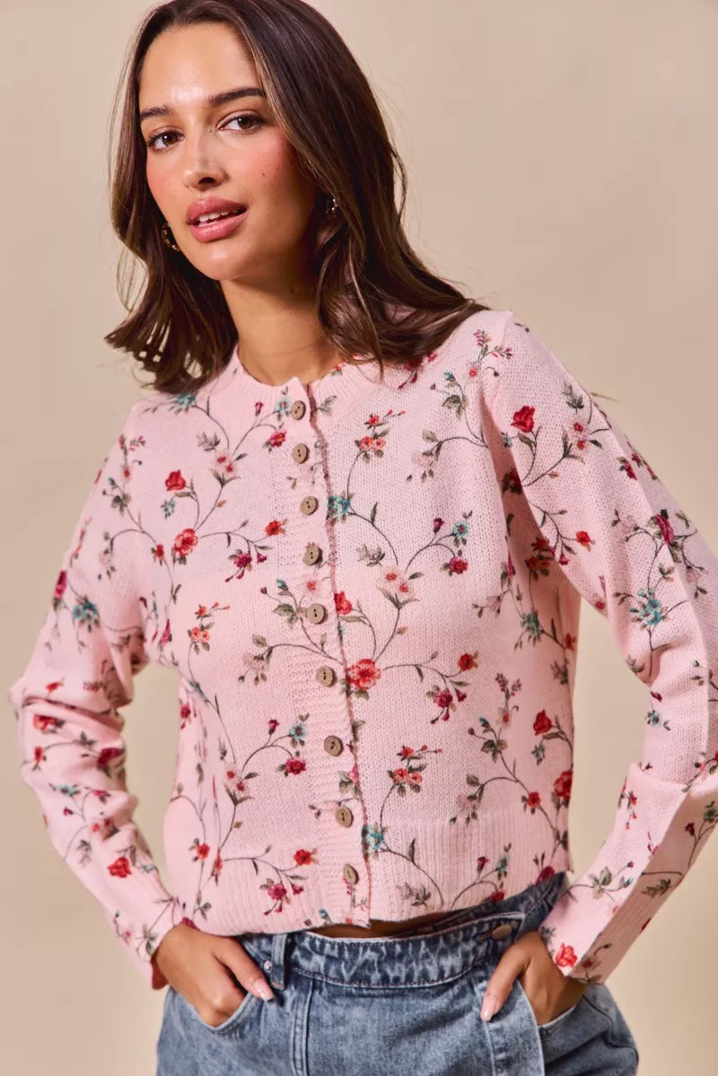 SO ME Floral Print Button Front Sweater Cardigan Top