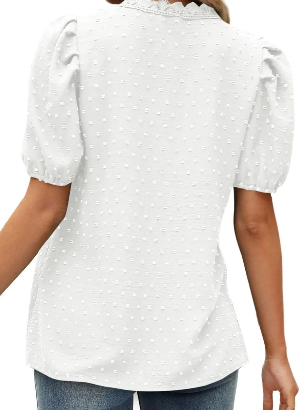 Puff Sleeve Swiss Dot Lace Trim Blouse