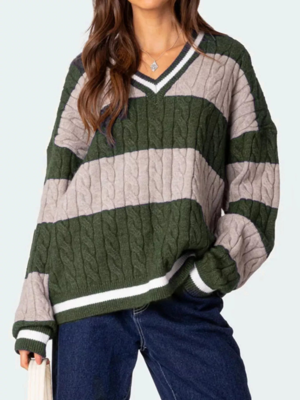 Striped Cable Knit V-Neck Sweater