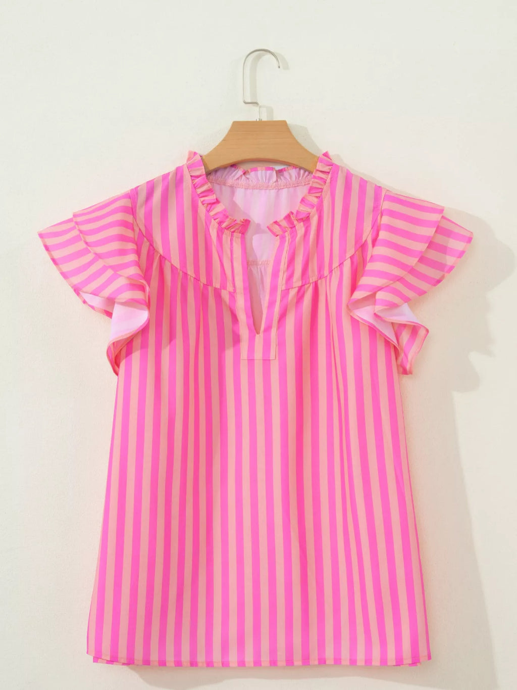 Stripe Split Neck Ruffled Summer Blouse