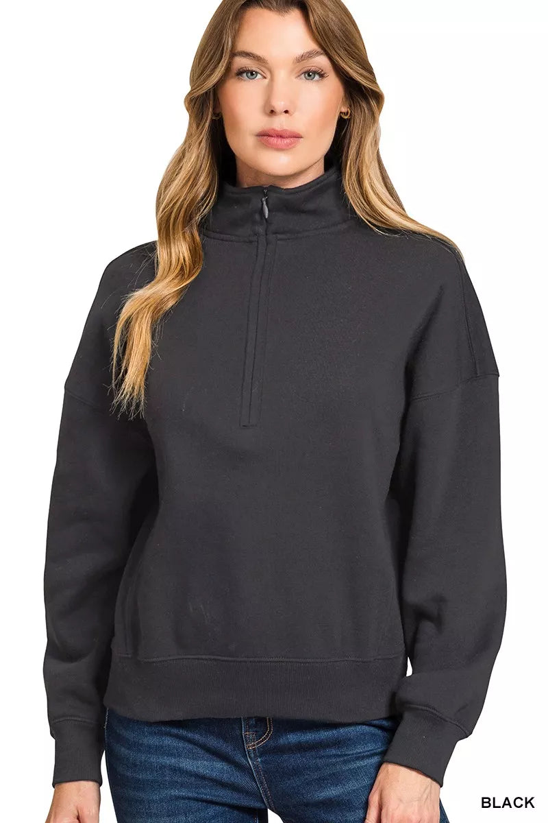 Zenana Fleece High Neck Half Zip Sweatshirt