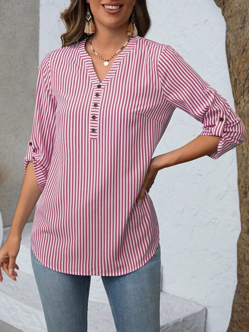 Striped V-Neck Roll-Up Sleeve Blouse
