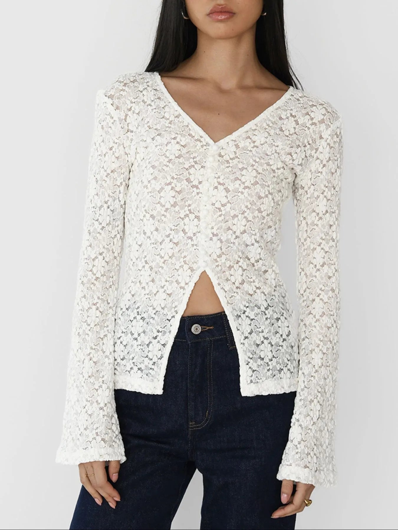 Lace V-Neck Flare Sleeve T-Shirt