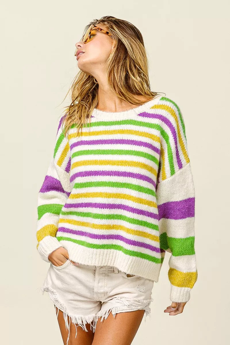 BiBi Mardi Gras Colors Stripe Comfy Sweater