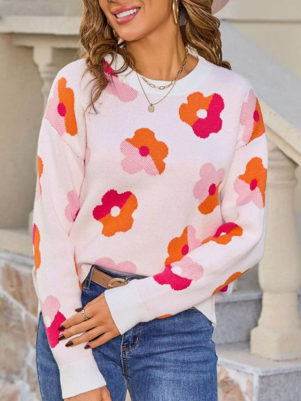 Floral Crew Neck Long Sleeve Sweater